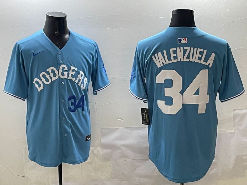Men Los Angeles Dodgers #34 Valenzuela Light Blue Joint Name 2025 Nike MLB Jersey style 3168